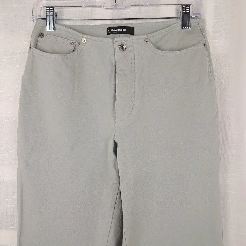 Cambio 8 Kate Sage Green Bandless Flare Leg Jeans Mid Rise Stretch Retro 70s